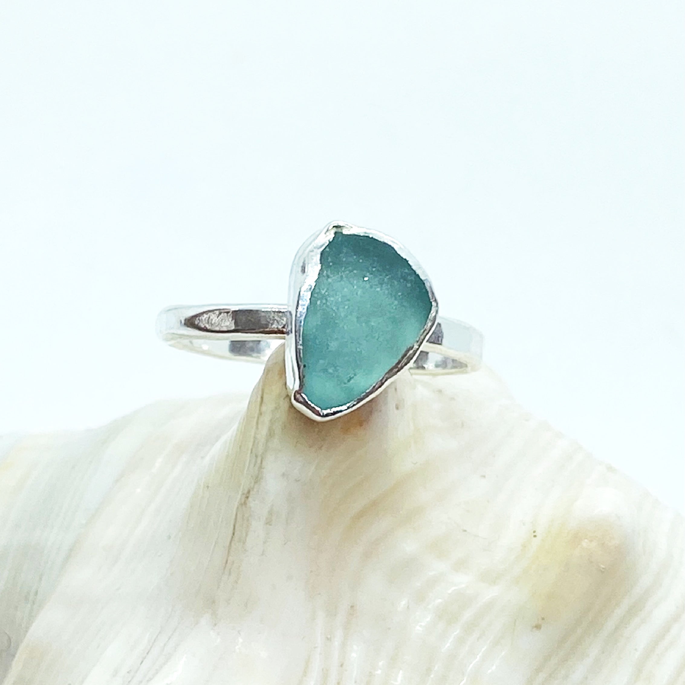 Blue Seaham Gemball Sea Glass Ring In Sterling Silver High Profile Setting  - Size 8 (SSRING20-17)